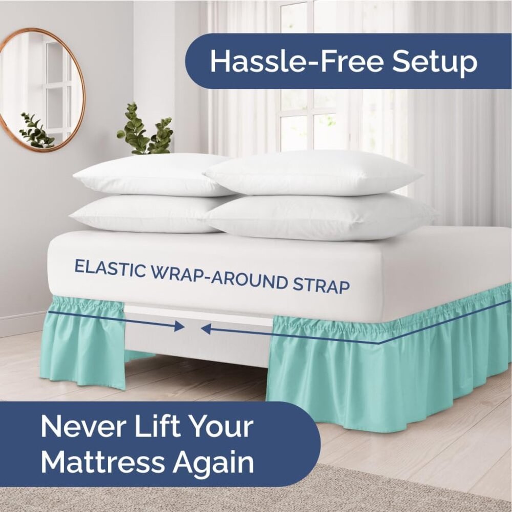 Wrap Around Dust Ruffle Bed Skirt - Spa Blue - for King Size Beds with 15 Inch D - Picture 2 of 9